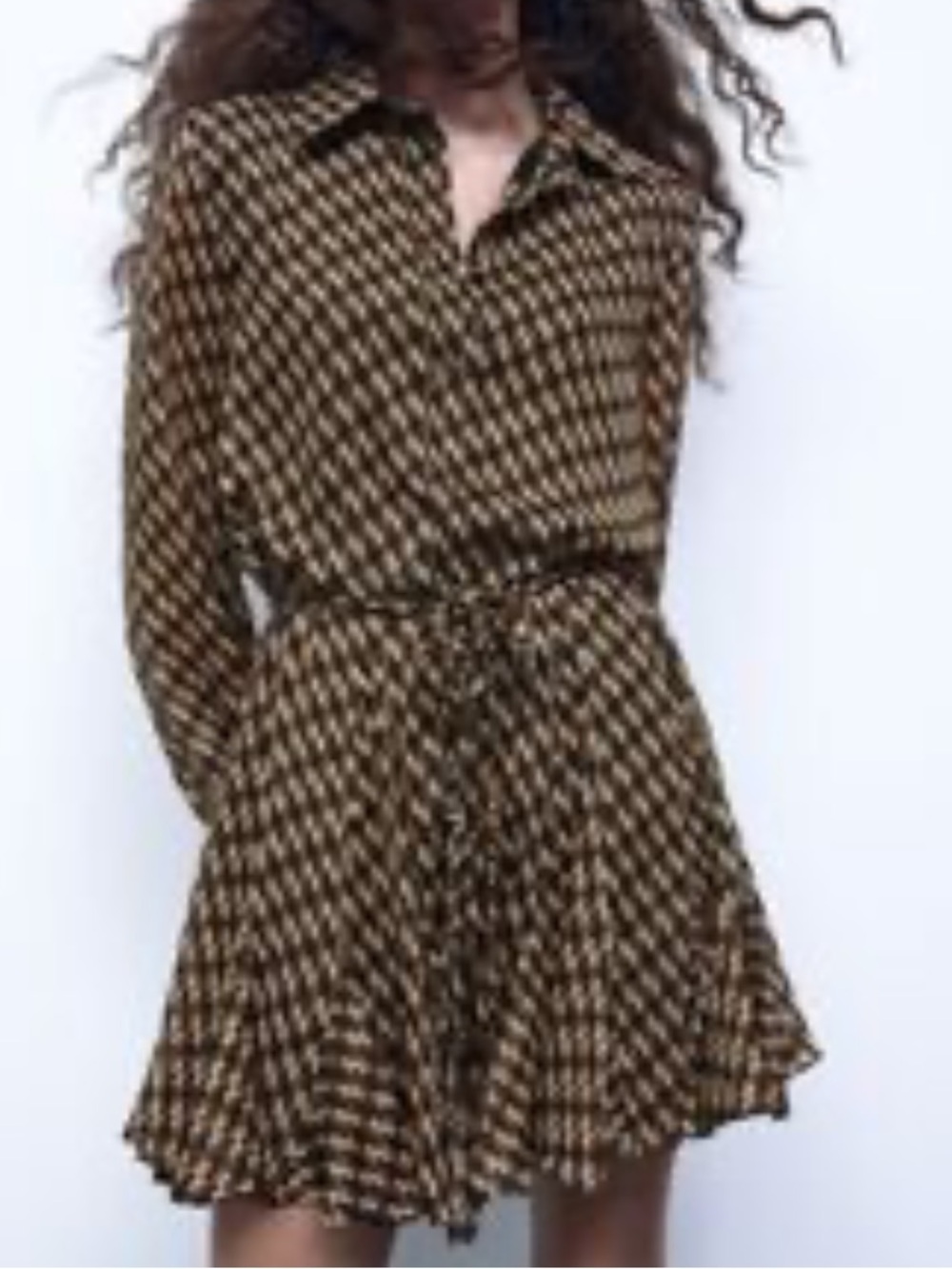 Zara Black and Tan Houndstooth Long Sleeve Shirt Dress